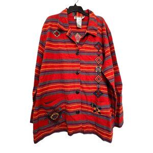 vintage Chicos Design Womens Embroidered Button-Up Jacket Size 2 Red Multicolor